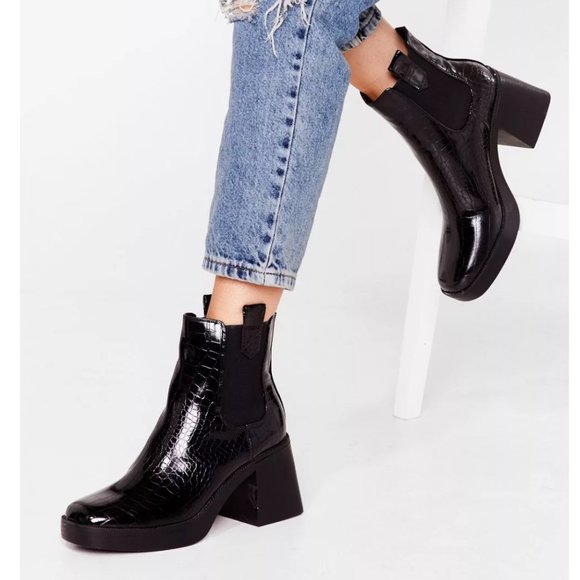 Nasty Gal Shoes - NEW Faux Leather Croc Square Toe Heeled Boots